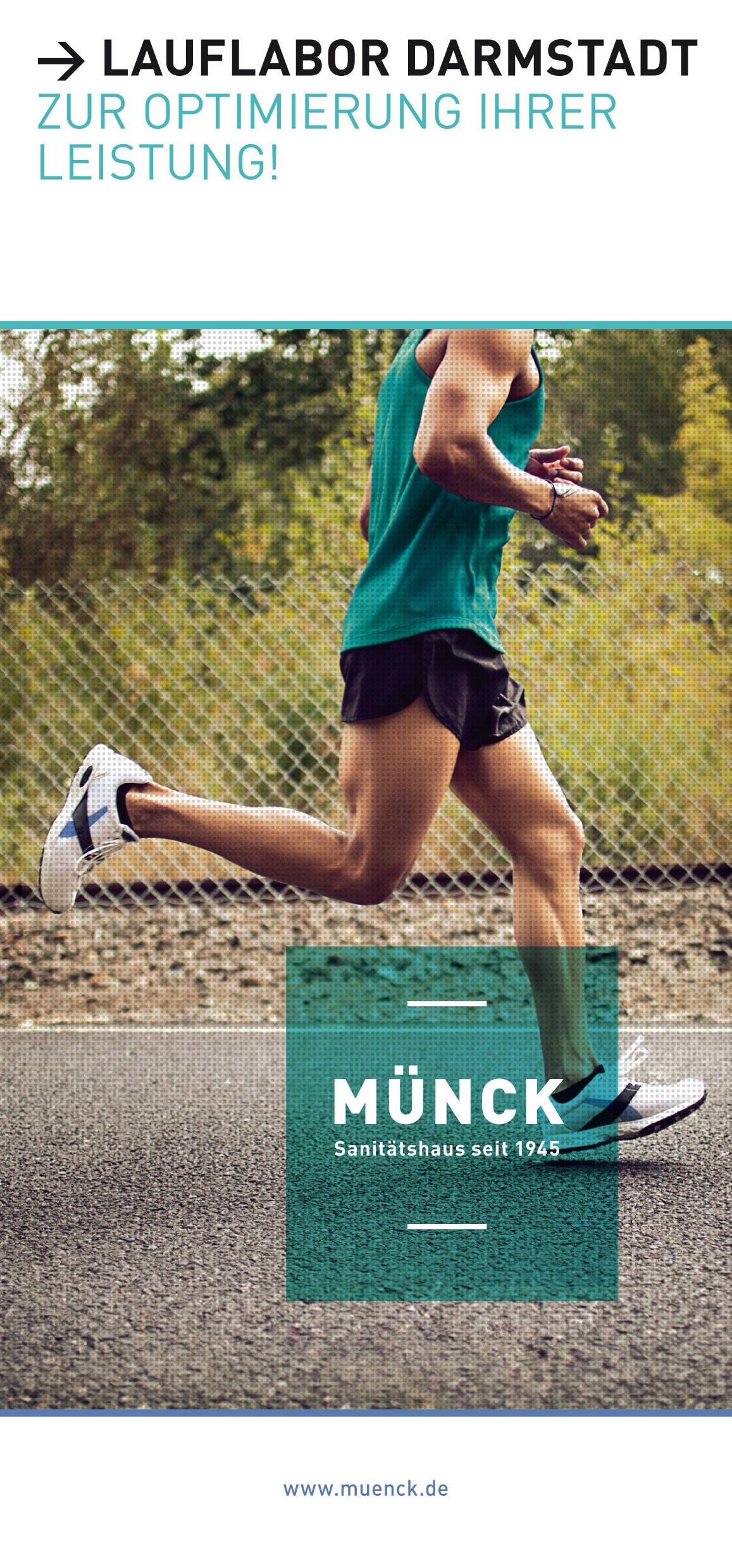Werbeanzeige mit einem laufenden Mann in Sportkleidung, Text: „Lauflabor Darmstadt zur Optimierung Ihrer Leistung!“, Logo „Münck Sanitätshaus seit 1945“ und Website „www.muenck.de“.