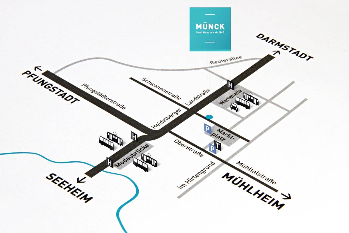 Schematische Straßenkarte mit Wegbeschreibung zum Sanitätshaus Münck, markiert mit Parkplätzen, Bushaltestellen und umliegenden Straßen in Richtung Pfungstadt, Darmstadt, Seeheim und Mühlheim.