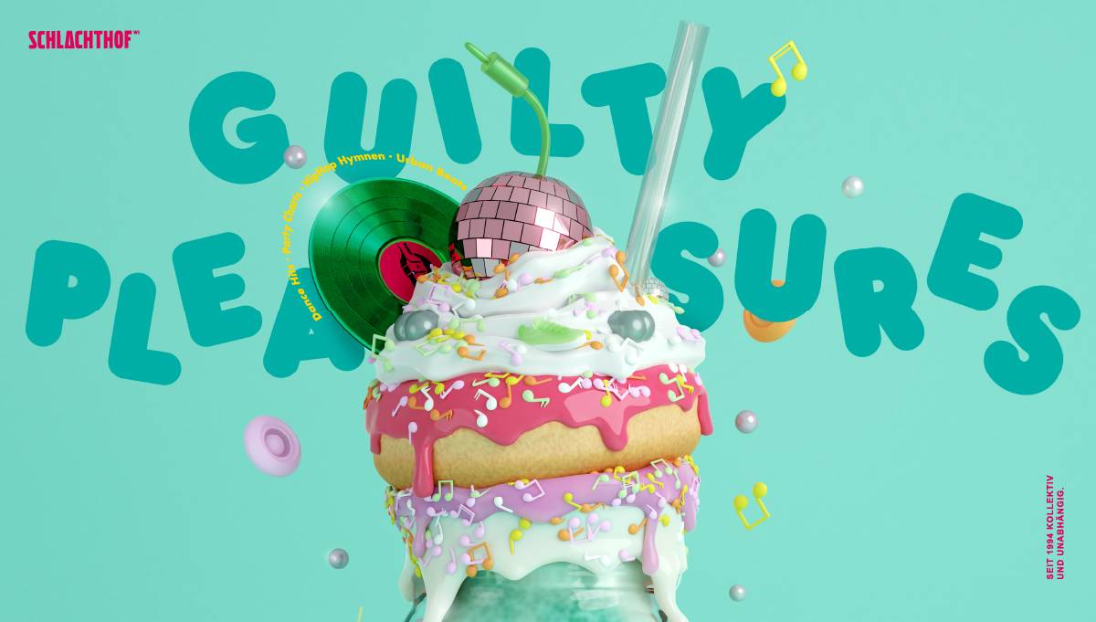 Ein fantasievoller Eisbecher mit Donut, Sahne, Streuseln, Diskokugel, Cocktail-Strohhalm und Schallplatte vor türkisfarbenem Hintergrund, umgeben vom Schriftzug „Guilty Pleasures“.