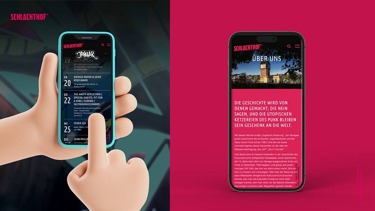Zwei Smartphones mit der Webseite des Schlachthofs Wiesbaden; links hält eine animierte Hand ein Handy mit Veranstaltungsübersicht, rechts ist ein Handy mit der „Über uns“-Seite vor rotem Hintergrund zu sehen.