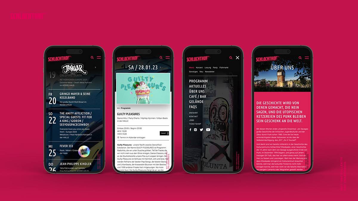 Vier Smartphones mit der mobilen Website des Kulturzentrums Schlachthof Wiesbaden, jeweils mit unterschiedlichen Ansichten zu Veranstaltungen, Programmdetails, Menü und Infoseite „Über uns“ vor pinkem Hintergrund.