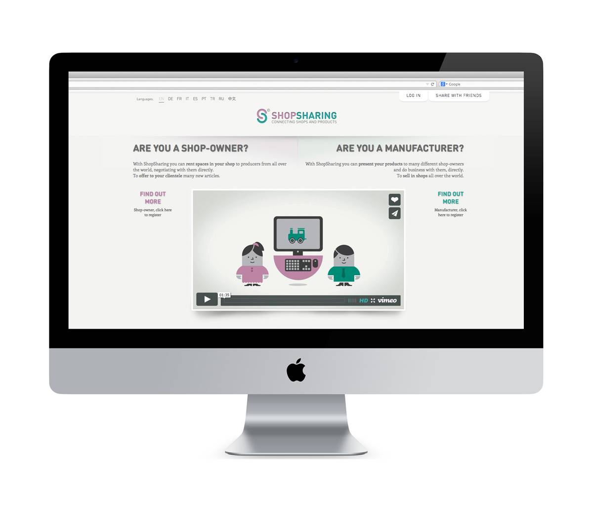 Ein iMac-Bildschirm zeigt die Website „ShopSharing“ mit Auswahlmöglichkeiten für Shop-Besitzer und Hersteller sowie einem erklärenden Video in der Mitte.
