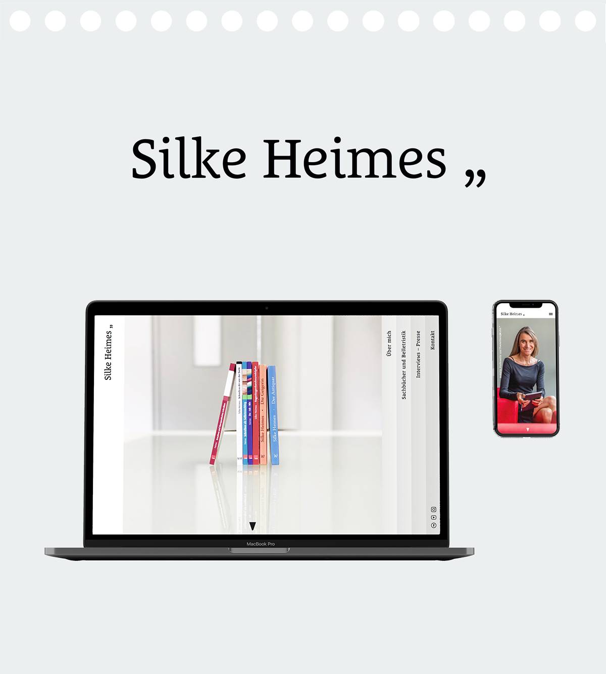 Laptop mit einer Webseite, die mehrere Bücher zeigt, daneben ein Smartphone mit dem Bild einer lächelnden Frau; darüber steht der Name "Silke Heimes".