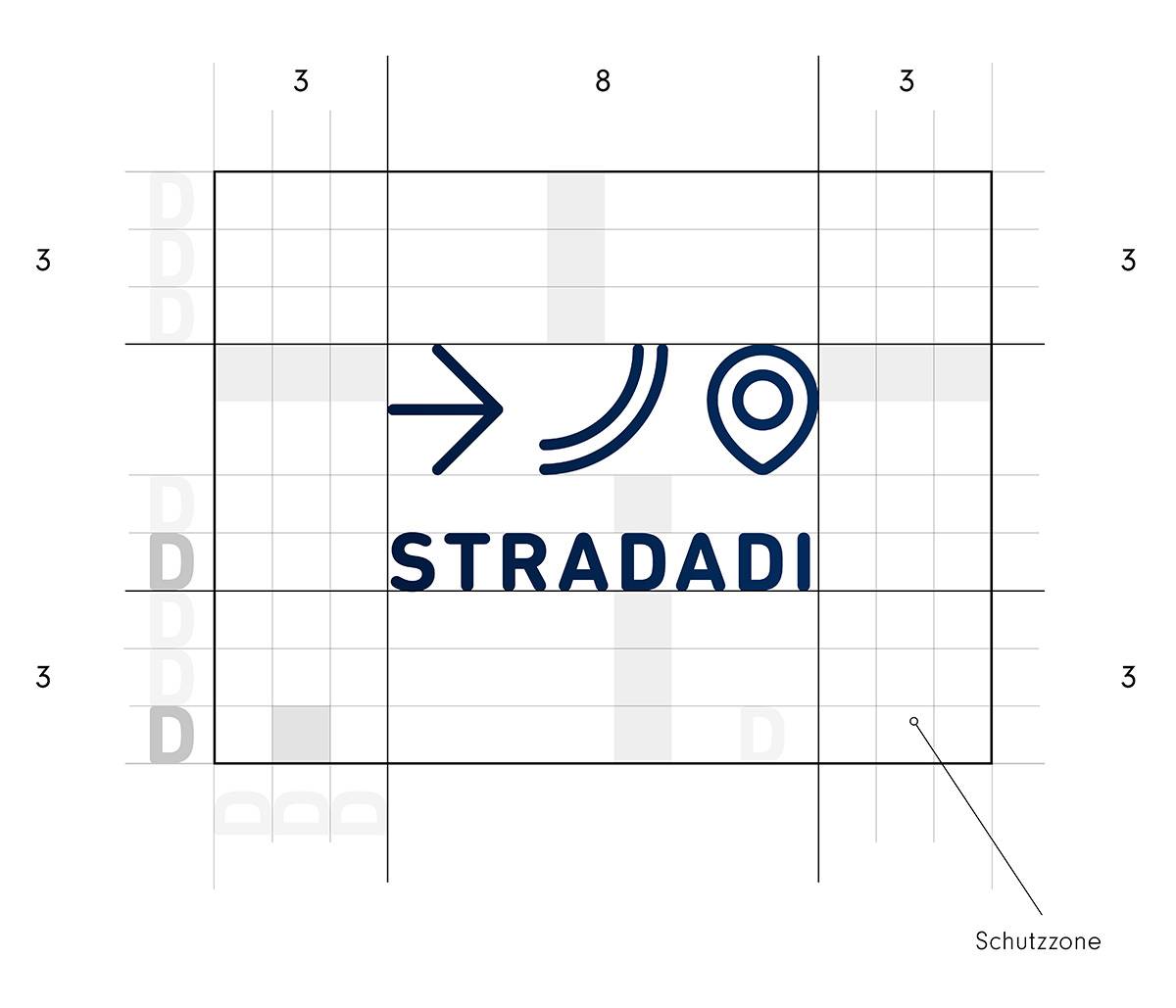Logo mit Pfeil, Straßenverlauf, Standortmarker und dem Schriftzug „STRADADI“, umgeben von einem Raster mit Schutzabständen und Beschriftung „Schutzzone“ unten rechts.
