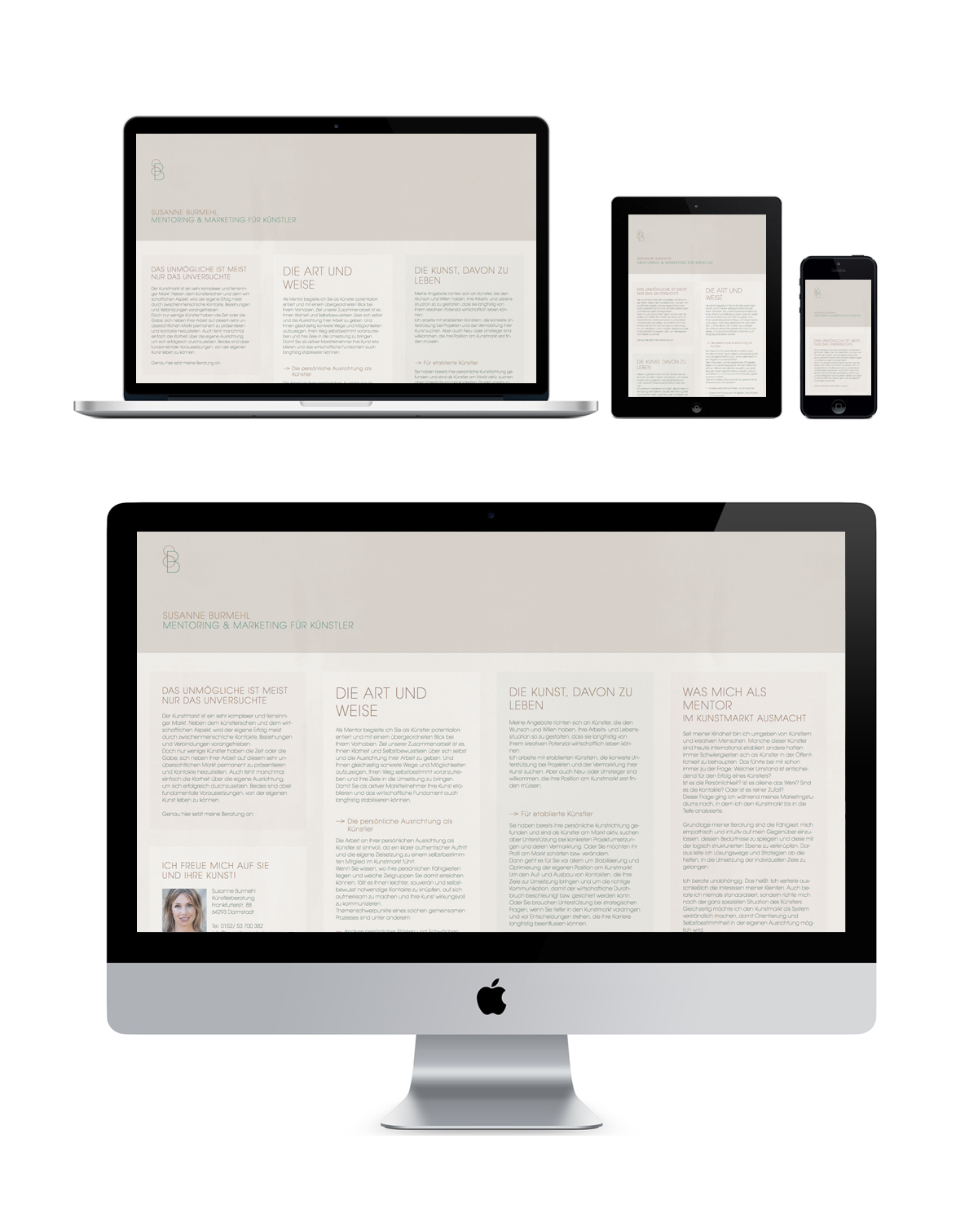 Eine Webseite mit dem Titel „Mentoring & Marketing für Künstler“ wird auf verschiedenen Geräten angezeigt: Laptop, Tablet, Smartphone und Desktop-Computer.