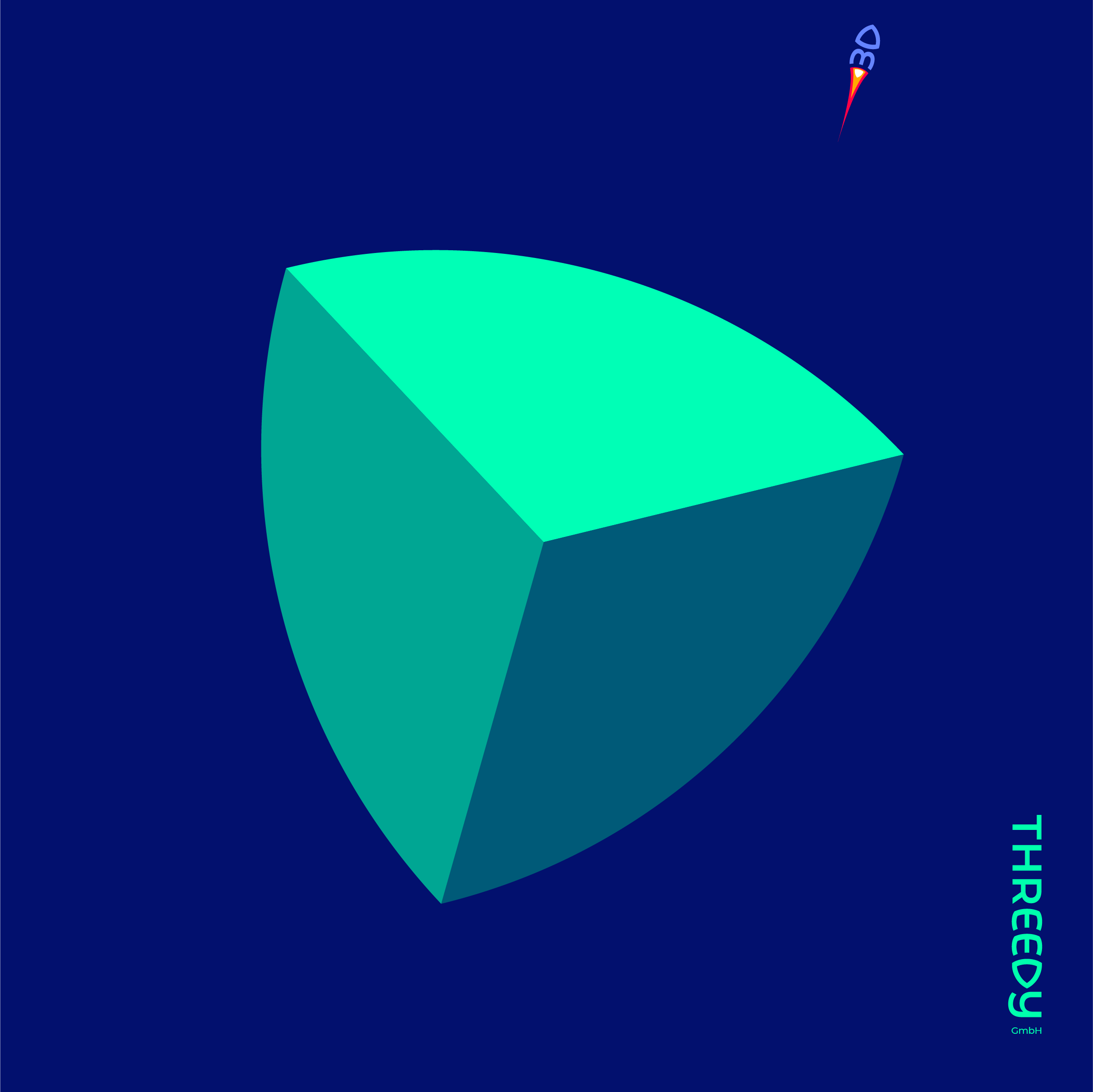 Ein türkisfarbener, dreidimensionaler geometrischer Körper auf dunkelblauem Hintergrund, oben rechts eine kleine Rakete, unten rechts der Schriftzug "THREEDY GmbH".