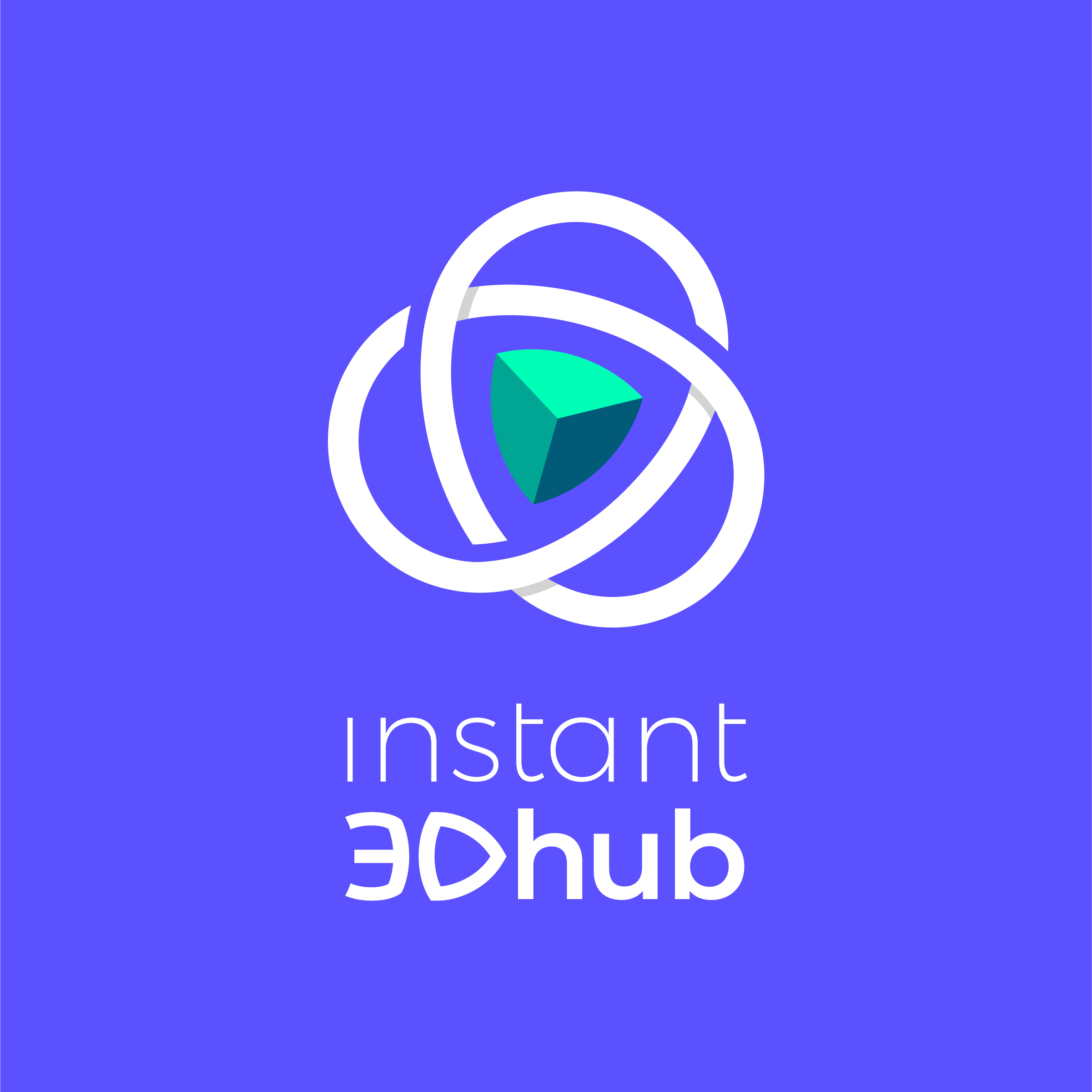 Logo mit drei weißen, verschlungenen Linien um ein grünes 3D-Dreieck, darunter der Text „instant 3Dhub“ auf blauem Hintergrund.