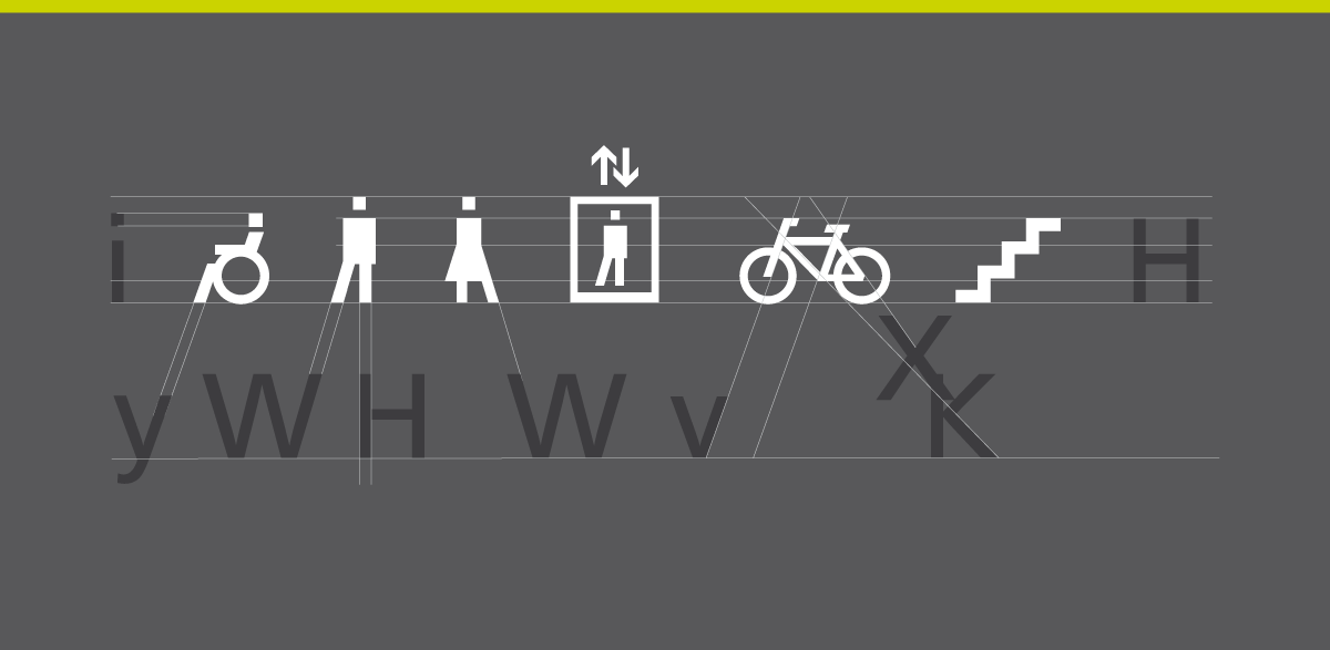 Weiße Piktogramme für Rollstuhl, Mann, Frau, Aufzug, Fahrrad und Treppe auf grauem Hintergrund, mit Linien und Buchstaben zur Gestaltungshilfe.