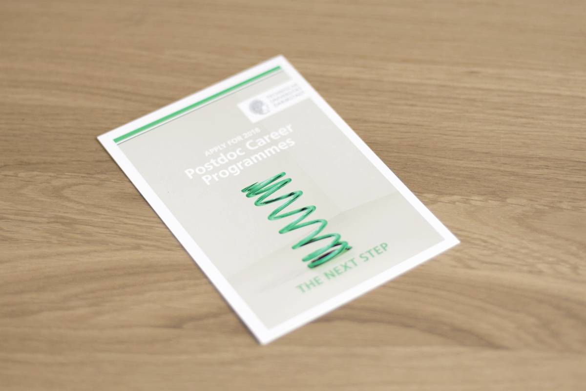 Flyer auf Holzoberfläche, mit grünem Spiralfeder-Bild und Text "Postdoc Career Programmes – The Next Step".