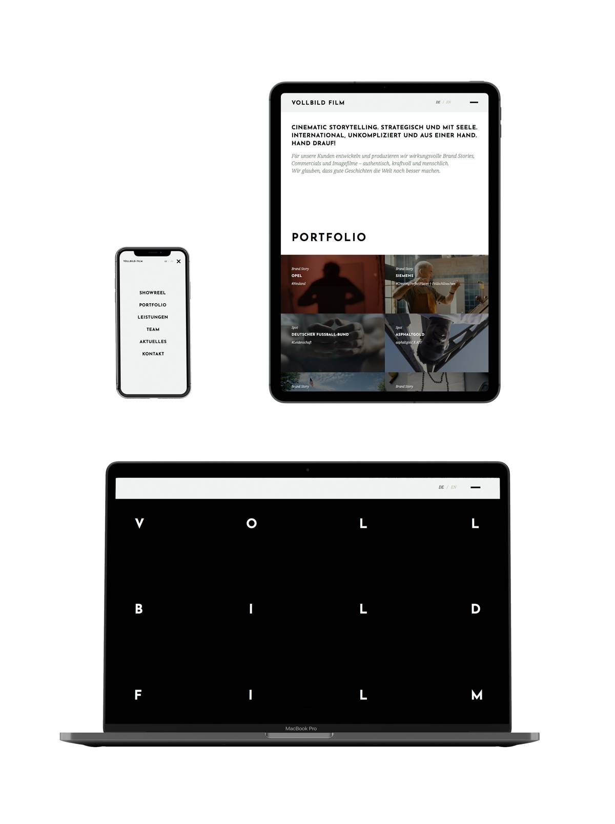 Drei Geräte (Smartphone, Tablet, Laptop) zeigen verschiedene Ansichten der Webseite „Vollbild Film“ mit minimalistischem Design und klarer Typografie.