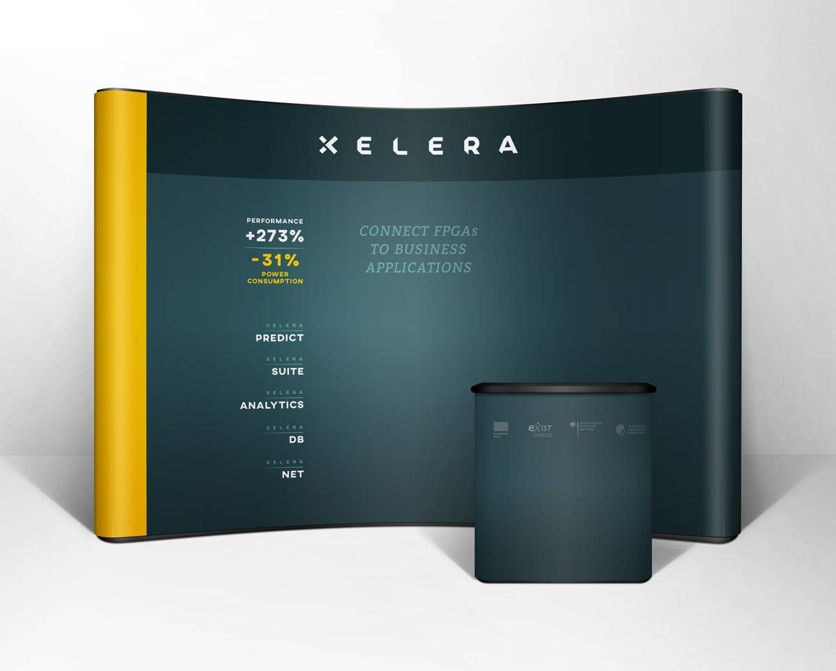 Messestand mit dem Schriftzug „Xelera“ auf dunkelblauem Hintergrund, gelber Streifen links, Text zu Leistungssteigerung und Energieeinsparung, kleiner Tresen im Vordergrund.