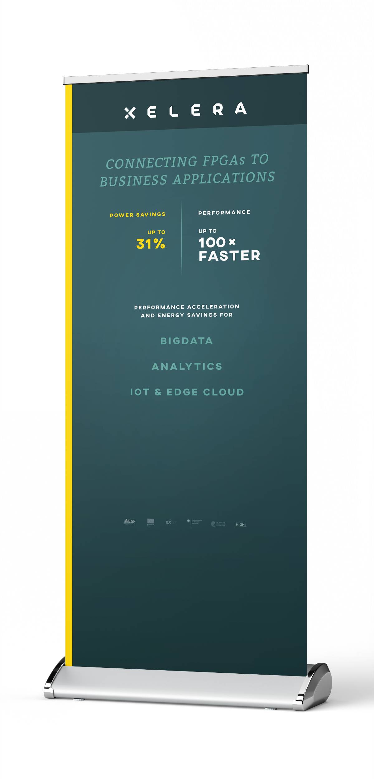 Roll-up-Banner mit Xelera-Logo, Slogan „Connecting FPGAs to Business Applications“, Angaben zu 31% Energieeinsparung und 100-facher Performance, sowie Stichworten: BigData, Analytics, IoT & Edge Cloud.