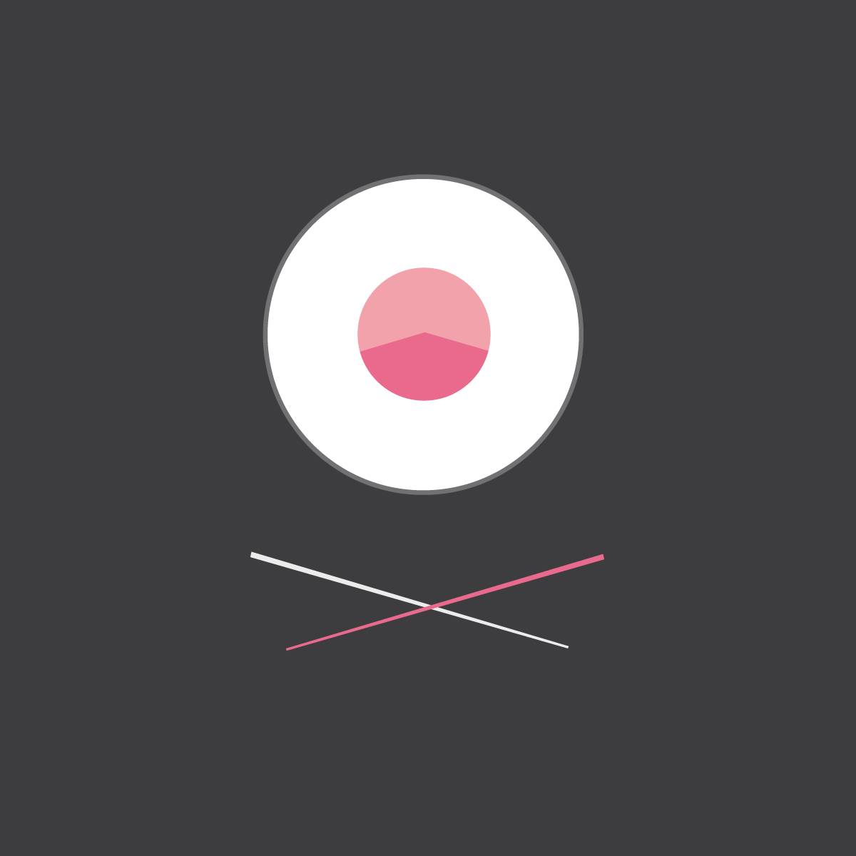 Minimalistische Illustration eines Sushi-Nigiri mit zwei sich kreuzenden Essstäbchen auf dunklem Hintergrund.