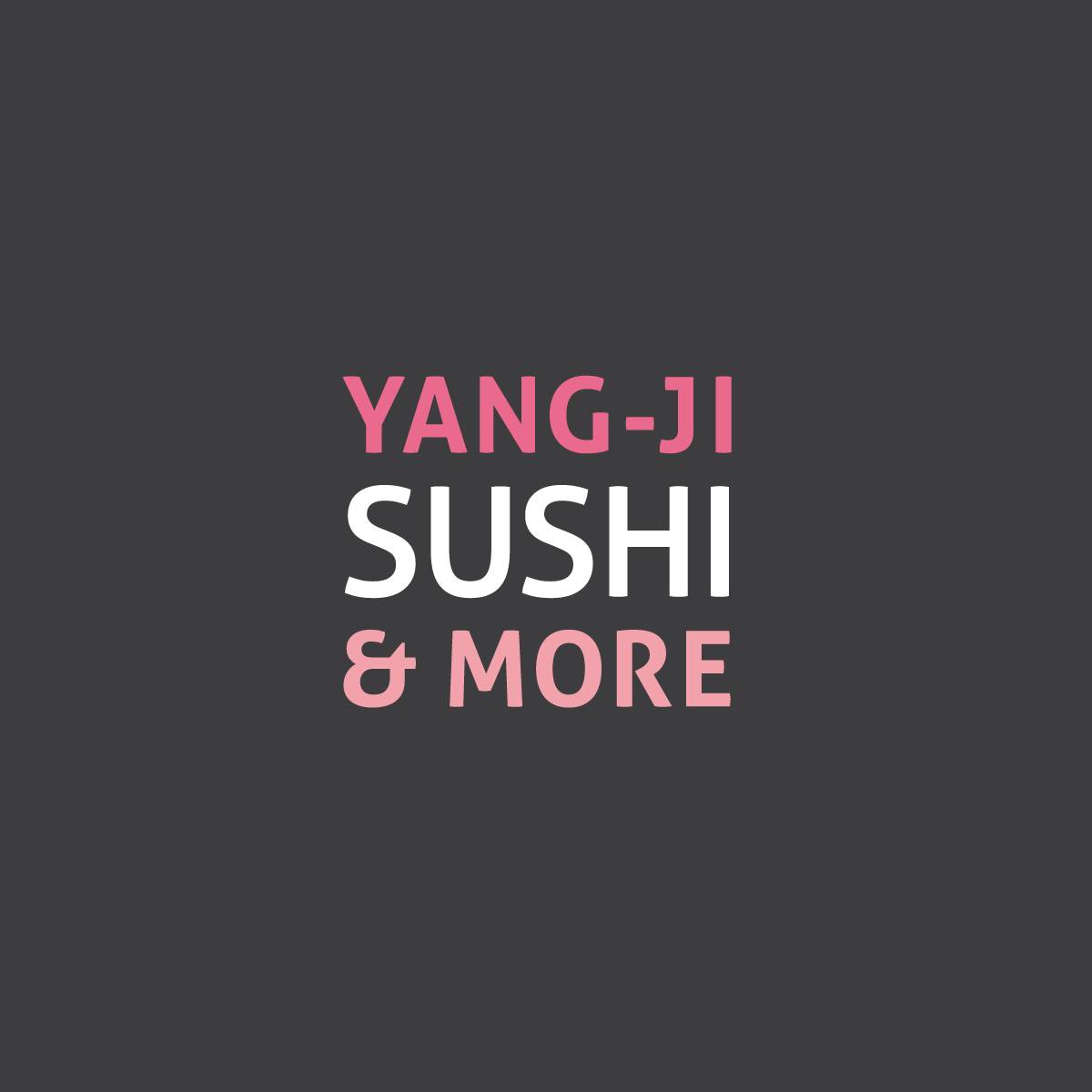 Logo mit dem Text „YANG-JI SUSHI & MORE“ in rosa und weiß auf dunkelgrauem Hintergrund.
